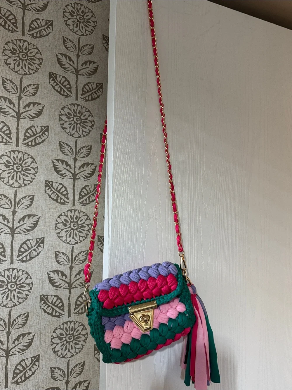 Colorful Woven Crochet Crossbody Bag Pink Teal Lavender Tassel